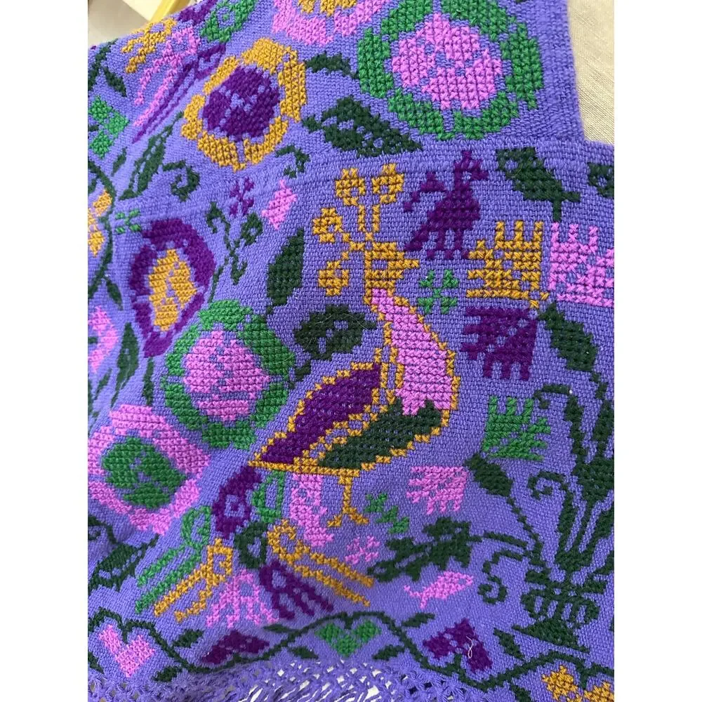 Mexican Mañanita embroidered poncho purple bird floral primitive folk fringed
